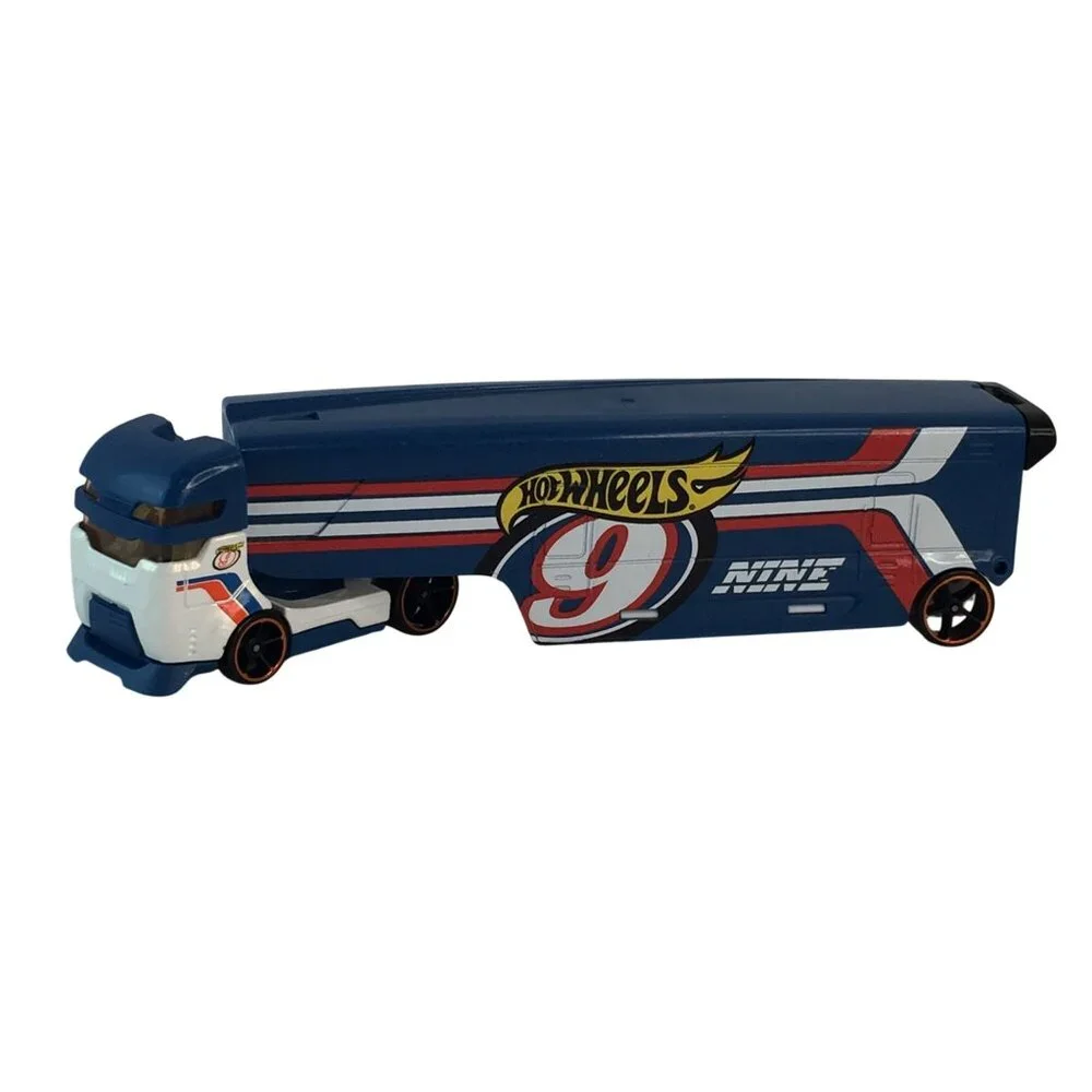 Hot Wheels Speedway Hauler 9 Nine Semi Trucks & Race Cars Blue Orange‎